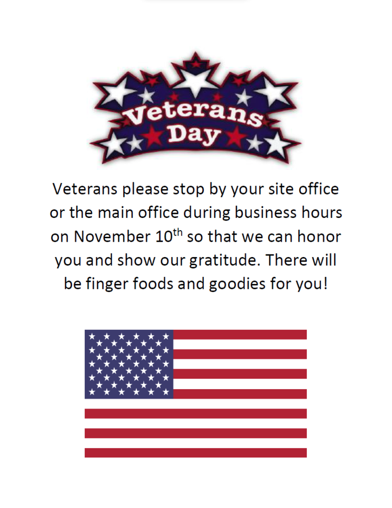 A flyer with a Veteran's Day red, white, and blue graphic and an American flag outlining the time, date, and location for our celebration